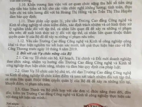 Bộ Công thương yêu cầu Trường CĐ Công nghệ và Kinh tế Công nghiệp thực hiện nghiêm túc kết luận xác minh nội dung đơn tố cáo